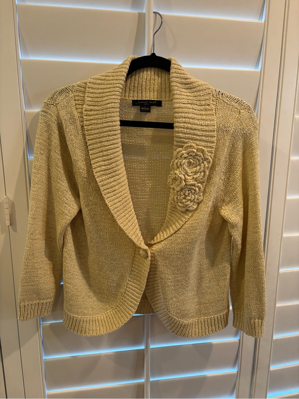 august silk Cream Shawl Collar Crochet Flower Cardigan
